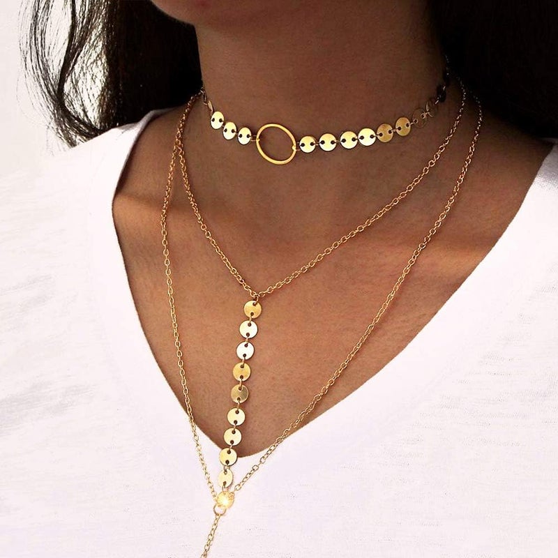 Suyi Stylish Layered Sequins Choker Necklace with Thin Long Chian Pendant for Women Lady - Image 3